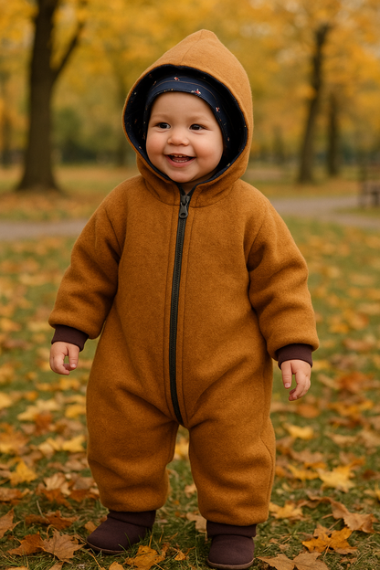 Walkanzug Walkoverall für Kinder mit Kaputze und Reißverschluss in Ocker mit Motiv Innenfutter