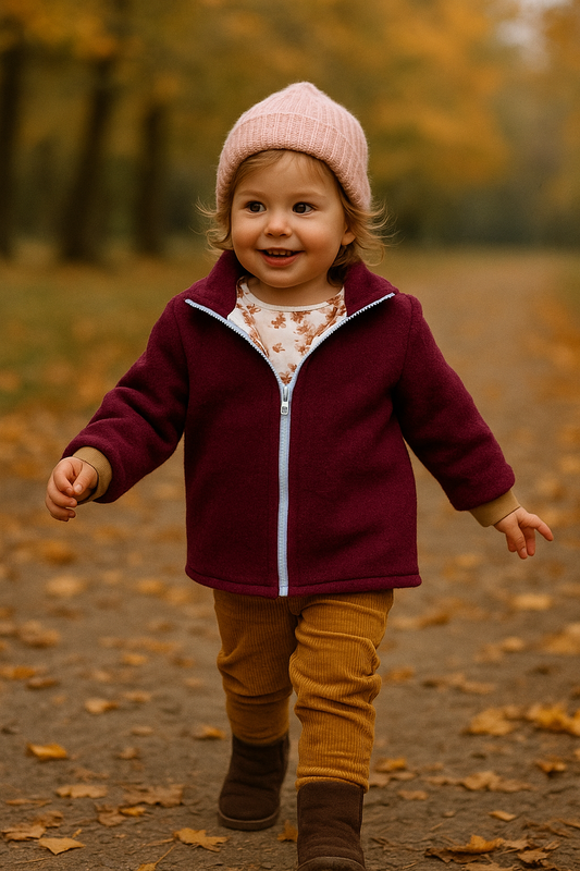Walkjacke für Kinder mit Reißverschluss in bordeauxrot mit Blumen Innenfutter