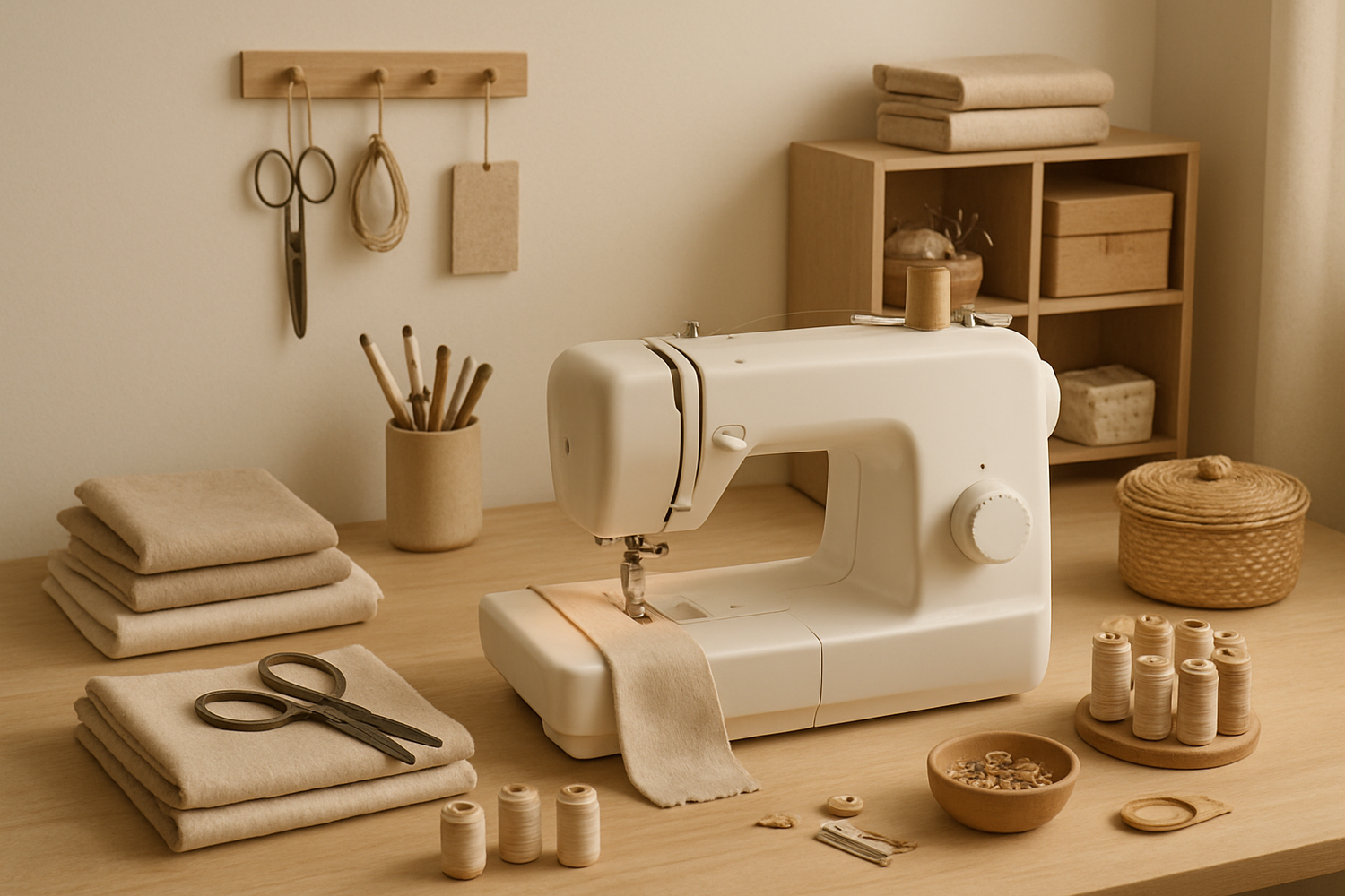 Erstelle ein bild das farblich sehr neutral gehalten ist auf dem man einen liebevoll engerichteten näh platz findet. Die Nähmaschine soll im Vordergrund stehen
