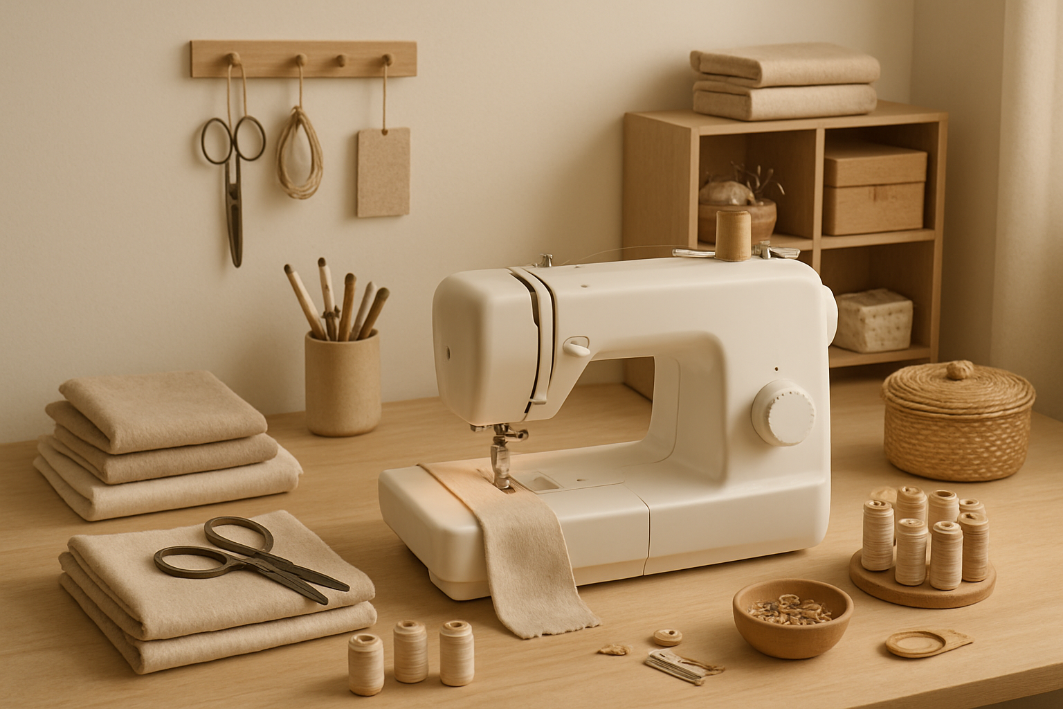 Erstelle ein bild das farblich sehr neutral gehalten ist auf dem man einen liebevoll engerichteten näh platz findet. Die Nähmaschine soll im Vordergrund stehen